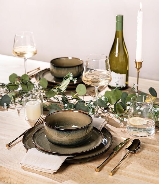 TheTerra Ceramic Dinnerware Sets for 8, 24 Pieces Handmade Reactive Glaze Plates and Bowls Set, Scratch Resistant Dish Set, Oven & Microwave & Dishwasher Safe, Cocoa Clay