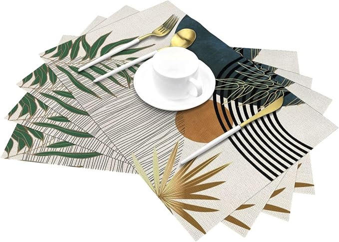 Mid Century Placemats 12x18 Inches Set of 4, Modern Boho Green Navy Blue Tropical Leaf Decorative Rectangle Table Mats for Party, Home Kitchen,Dining Table Decoration