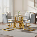 47.2" Round Glass Dining Table Set for 4, Modern 5 Piece Kitchen Table Set with Gold Stainless Steel Base & 4 PU Leather Accent Chairs, Saving Space, Dining Set for Apartment, Home - Grey Chair