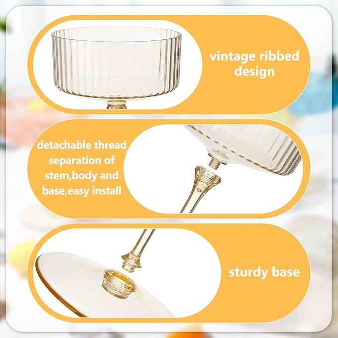 12 Pcs Ribbed Martini Glasses 10 oz Disposable Plastic Vintage Ribbed Coupe Glasses Unbreakable Dessert Parfait Glassware for Wedding Birthday Party Supplies (Gold)