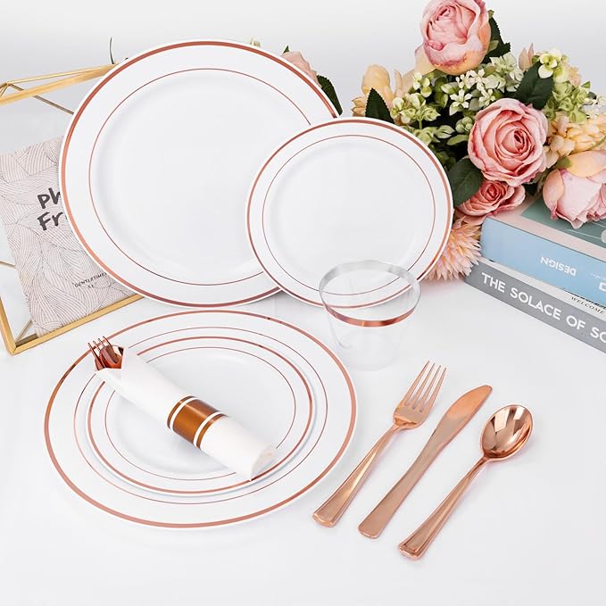 WELLIFE 350Pcs Rose Gold Plastic Plates for 50 Guests - Plastic Dinnerware Set,Party Supplies Includes 100 Rose Gold plates,150 Silverware,50 Napkins,50 Cups for Valentines and Galentines
