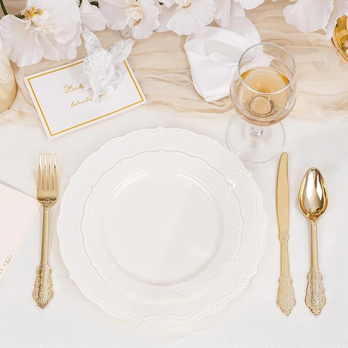 DaYammi 60PCS Ivory Plastic Plates, Party Plates Disposable Heavy Duty Disposable Plates Premium 7.5inch Ivory Dessert Cake Salad Appetizer Plate Hard Plastic Platos Disposable for Party Wedding