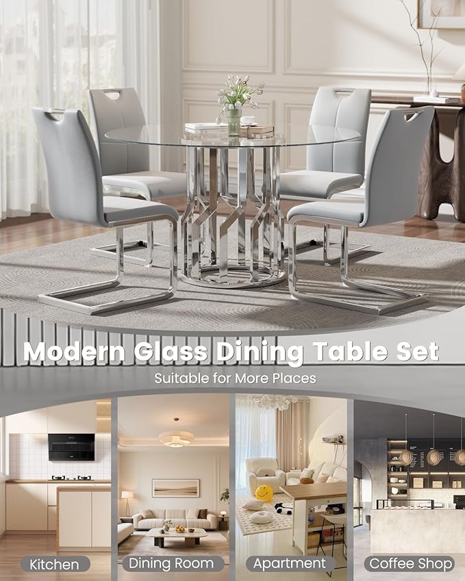47.2" Round Glass Dining Table Set for 4, Modern 5 Piece Kitchen Table Set with Silver Stainless Steel Base & 4 PU Leather Accent Chairs, Saving Space, Dining Set for Apartment, Home - Grey Chair