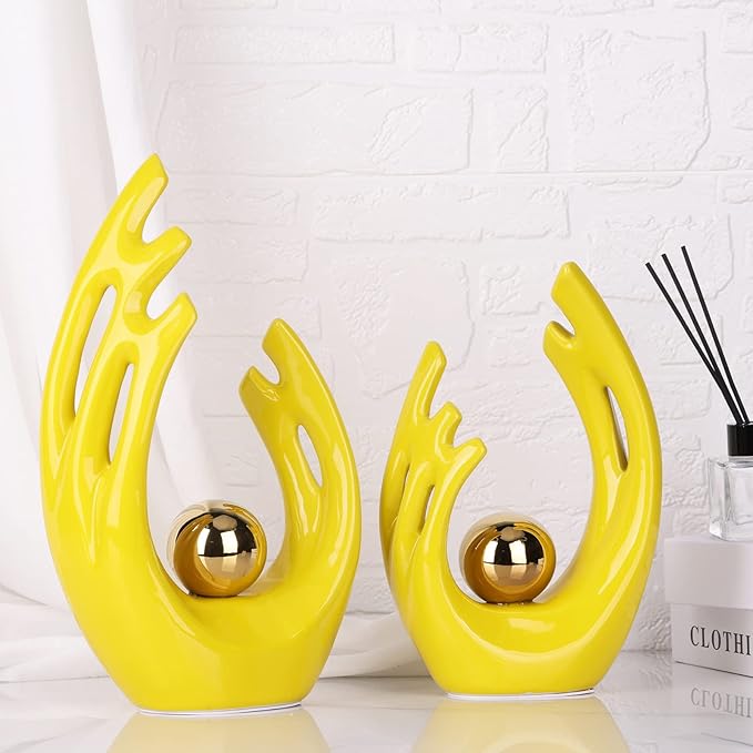 12"H Yellow Gold Aesthetic Room Decor Accent, TV Stand Funky Table Centerpiece, Abstract Art Ceramic Statue and Sculpture, Yellow Decor for Living Room, Bookshelf Decorative Objects, Shelf Decor