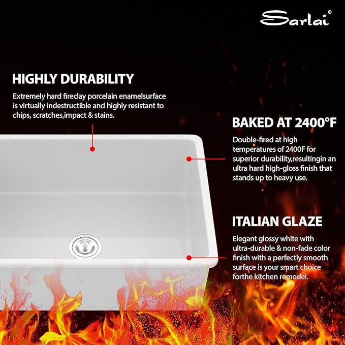 Sarlai 27 Inch White Undermount Sink Fireclay 27x19 Inch White Kitchen Sink Dual Drop in & Undermount Kitchen Sinks Single Bowl Deep Porcelain Ceramic Basin