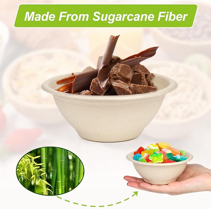 6 oz Small Compostable Paper Bowls, 100 Pack - Biodegradable Bagasse Bowls for Condiments, Sauces, Ice Cream