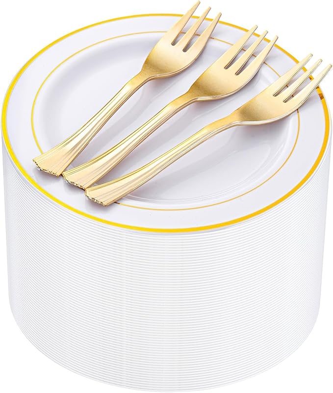 WELLIFE 120 PCS Plastic Dessert Plates and 120 PCS Forks, 6.3 inch Disposable Salad Plate, Premium White Appetizer Plates with Gold Rims Perfect for Party and Wedding