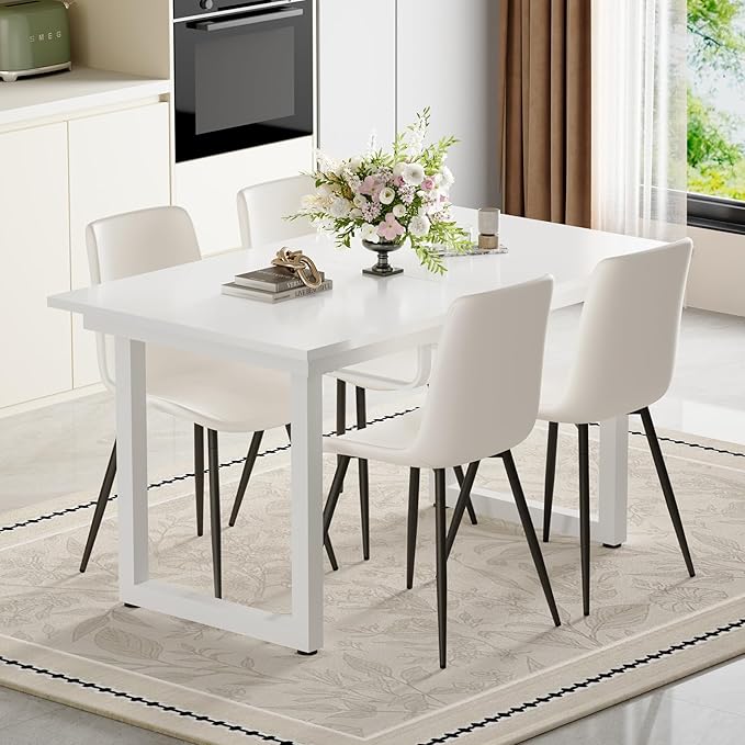 White Dining Table Set for 6, 55"-71" Extendable Dining Room Table Set for 6, Modern Kitchen Table with 6 Upholstered Chairs, Space-Saving for Dining Room Apartment, Easy Assembly