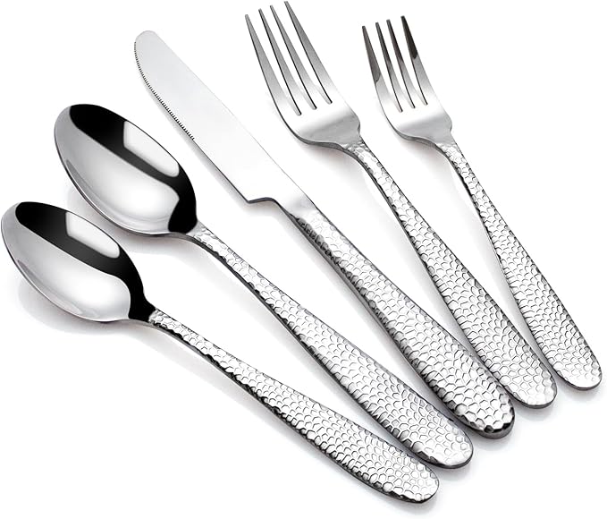 Hammered Silverware Set, CITESANA 20-Piece Heavy Duty Mirror Polished Stainless Steel Flatware Set Cutlery Set Flatware Service for 4