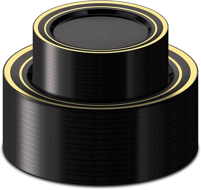 BESTSTAR 100PCS Black Plastic Plates Set with Gold Rim, 50 10.25 inch Dinner Plates and 50 7.5 inch Dessert Plates, Premium Disposable Plates forfor Party, Wedding, Holiday,And Halloween