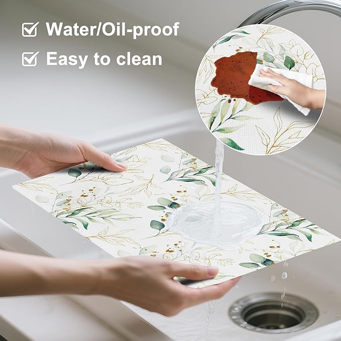 Leaves Printed Placemats Set of 4 Watercolor Sage Green Gold Branch Place Mats Washable Rectangular Spring Table Mats for Party Home Kitchen Restaurant Dining Table Decor 12x18 Inch