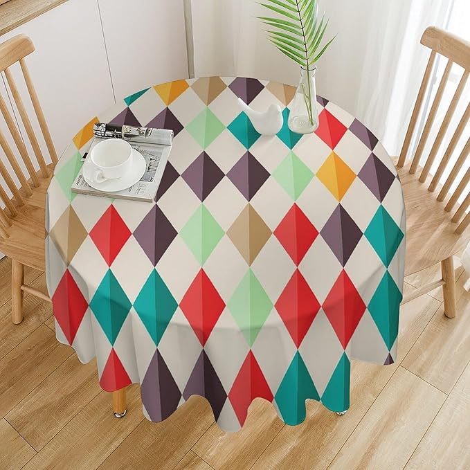 Abstract Geometric Round Tablecloth, Modern Mid Century Background Mid Century Colorful Print Pattern Tablecloth for Home Party Dining Room Kitchen Decor 70Inch(178cm)