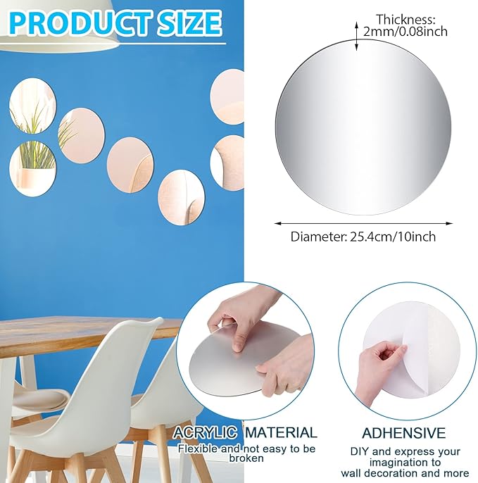 Cindeer Set of 24 Acrylic Round Mirror Plate Circle Mirror Trays Wedding Baby Shower Party Centerpieces for Tables Self Adhesive Non Glass Stickers for Home or Wall Candle Crafts Decor(10 Inch)