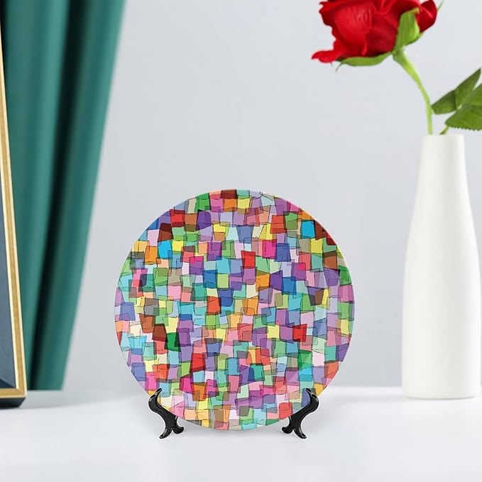 Ceramic Display Plate, Abstract Ceramic Hanging Decorative Plate, Mosaic Tile Pattern Colorful Squares Cubes, 6 Inch, Household Custom Ceramic Plate, Multicolor