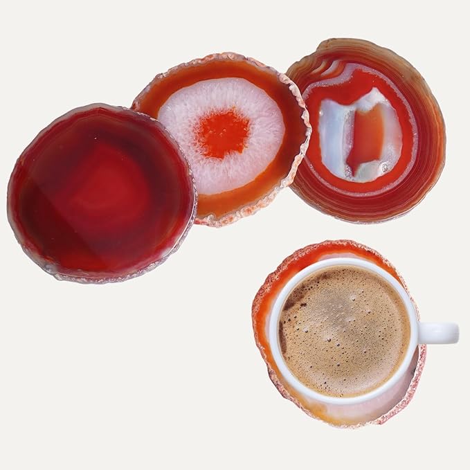 Natural Agate Coasters Set of 4 - Dyed Red Irregular Circle Stone Drink Coasters with Rubber Red 4-5" Unique Home Decor