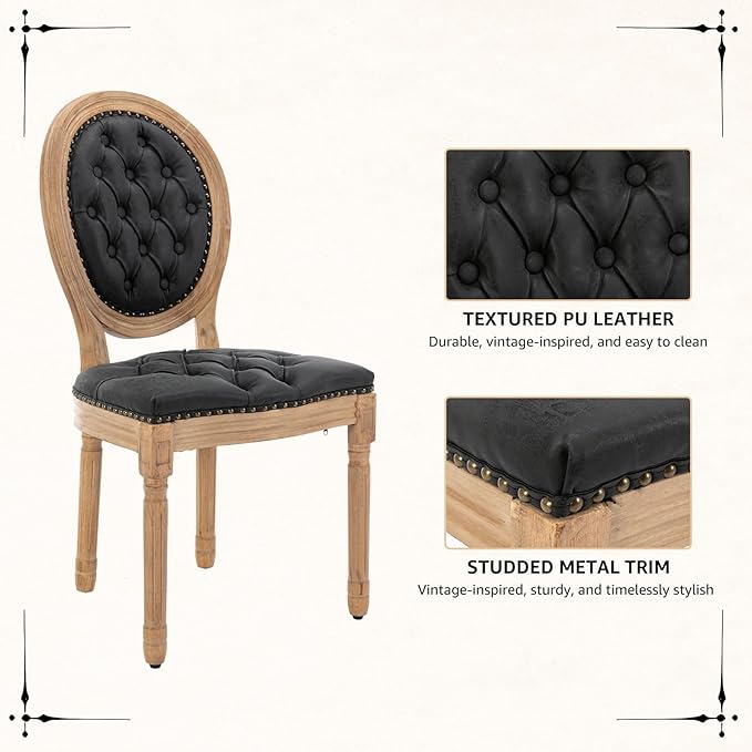 Vintage French Dining Chairs Set of 2, Round Back PU Leather Upholstered Side Chairs with Nailhead Trim and Solid Wood Frame, Sillas de Comedor for Dining Room & Kitchen, Black