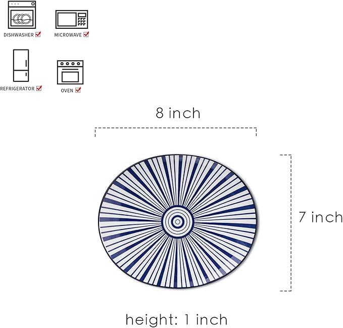 Selamica Porcelain Shallow Oval Dinner Plates, 8 inch Dessert Pasta Salad Curve Plates, Microwave/Dishwasher/Oven safe, Set Of 6, Assorted Colors