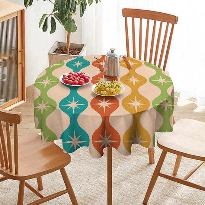 Mid Century Modern Round Tablecloth, Vintage Abstract Colorful Geometric Tablecloth for Home Party Dining Room Kitchen Decor 50Inch(127cm)