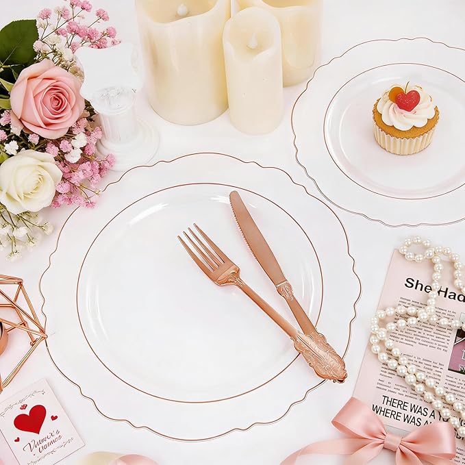 WDF 100pcs Rose Gold Plates Plastic Disposable - Baroque Clear and Rose Gold Plates for Parties or Weddings including 50PCS Dinner Plates 10.25’’ and 50PCS Salad Plates 7.5’’