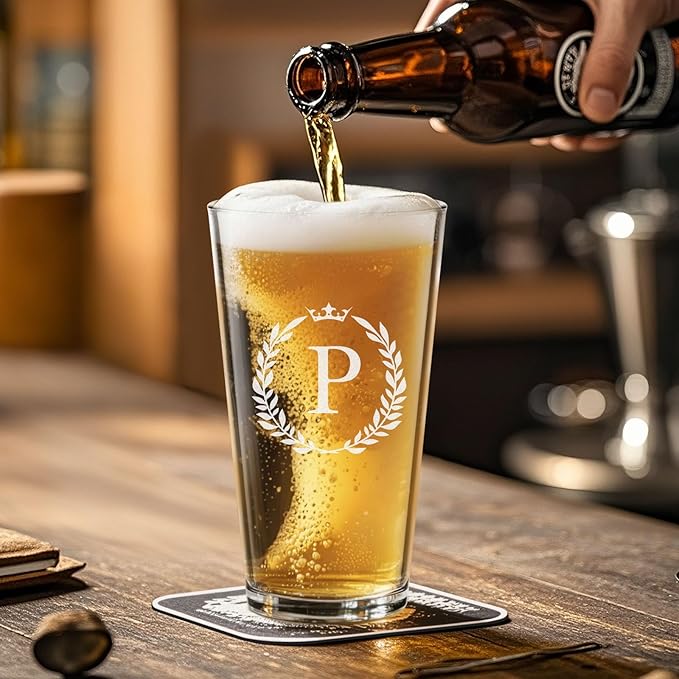 Personalized Beer Glasses Gifts for Men, 16 oz Pint Glasses Monogrammed A-Z Drinking Glass Cups Customized Gift, Unique Christmas Anniversary Birthday Gifts for Men Him Dad Brother Husband Grandpa (P)