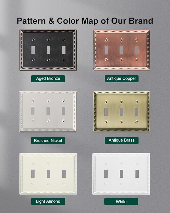 2-Pack Triple Toggle Light Switch Cover Plate, Pearls Decorative Switch Plate Covers, Antique Copper 3 Gang Metal Wall Plate, Corrosion Resistant
