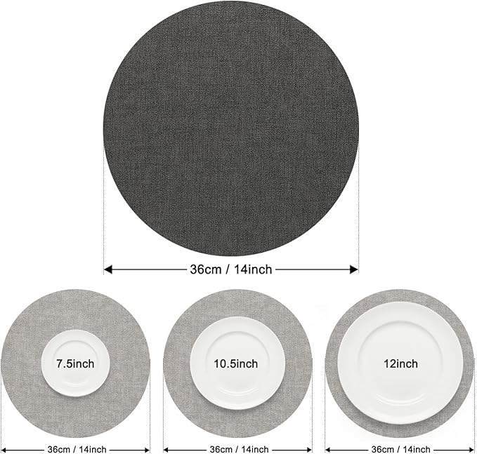 Myir JUN Reversible Vinyl Round Placemats Set of 4, Faux Leather Place Mats Dual Sided Waterproof Oilproof Wipeable, Heat-Resistant Table Mats for Kitchen Dining Indoor Outdoor (14", Light Gray Gray)