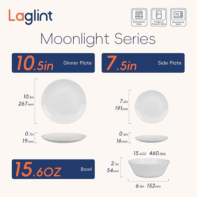 Dinnerware Sets for 4, LaGlint 12 Pieces Opal Glass Plates and Bowls Set, Dishwasher and Microwave Safe Dish Dinning Ware, Chip and Scratch Resistant Dishware White