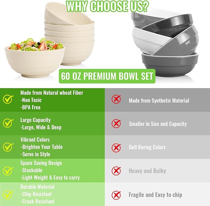 Large Wheat Straw Bowls Set of 6, 60 OZ Unbreakable Serving Bowls, Microwave Safe & Dishwasher Safe, Perfect for Salad, Fruit, Cereal, Soup, Ramen, Family Meals, Beige