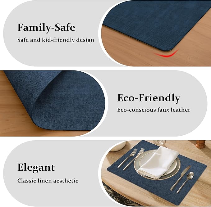 FROMHEART Faux Leather Placemats Set of 8–Waterproof,Heat/Oil Stain-Resistant PU Table Mat–Reversible,Non-Slip,Easy to Clean Place Mats for Kitchen,Dining,Indoor/Outdoor,(Dark Blue,11.8" x 17")