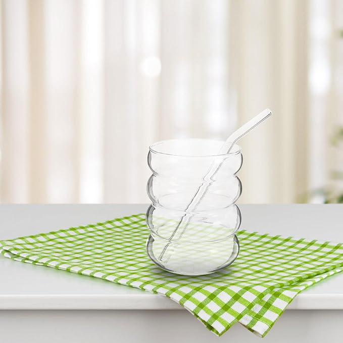 Glass Cup and Straw Set 300ml Ribbed Single-layer Glass Cups with Straws and Cleaning Brush, Juice Container and Coffee Glassware for Home Kitchen Dining, 9pcs Drinkware Set