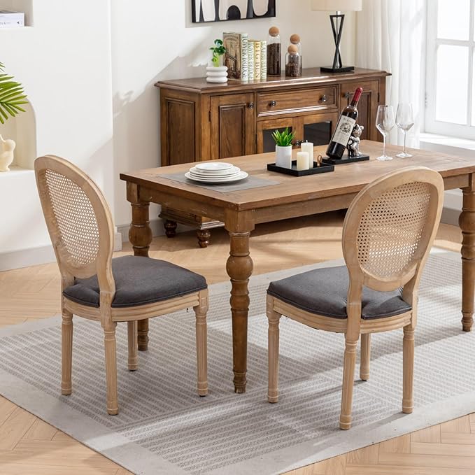 Vintage French Rattan Dining Chairs Set of 6, Solid Wood Frame with Round Rattan Back and Linen Upholstered Seat, Farmhouse Accent Sillas de Comedor Side Chairs for Dining Room & Kitchen, Gray