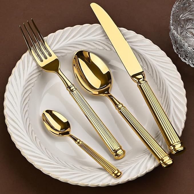 Gold Silverware Set for 10 Flatware Set 40 Pieces Luxury Tableware Set Roman Column Handle Knives and Forks spoons 18/10 Stainless Steel Cutlery Utensil Sets for Home Restaurant Dishwasher Safe