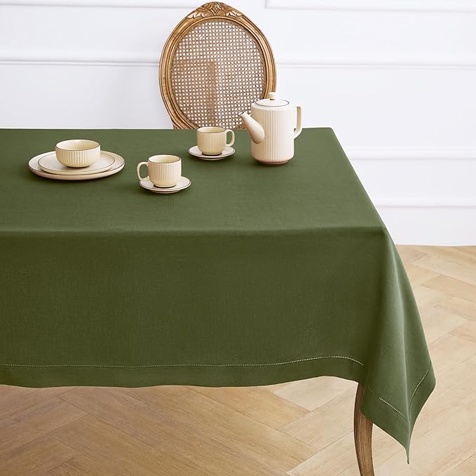 Solino Home Olive Linen Tablecloth 60 x 132 Inch - 100% Pure Linen Classic Hemstitch Table Cloth for Rectangle Tables - Machine Washable Tablecloth for Wedding, Parties, St Patricks Day