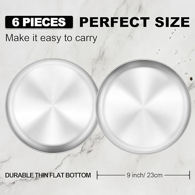 E-far 6-Piece Stainless Steel Plates, 9 Inch Metal Dinner Plates Dishes for Home, Picnic, Outdoor Camping, Healthy & Non-Toxic, Shatterproof & Dishwasher Safe