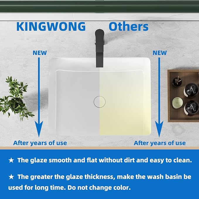 20 Inch Rectangle Undermount Bathroom Sink 19.5" X 15.9" Under Counter Vanity Sink Opening Size 17.5" x 13.78" White Porcelain Basin Sink Lavamanos Para Baños KINGWONG