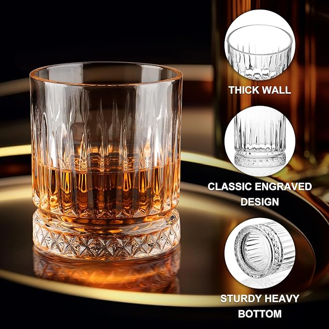 Whiskey Glasses Set of 6, 11oz Old Fashioned Cocktail Glasses, Lead-free Crystal Scotch Bourbon Glass, Whiskey Tumblers for Scotch Bourbon