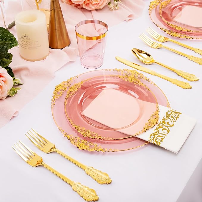 Hioasis 175pcs Burgundy and Gold Plates - Burgundy Party Plates for 25 Guest, Include 50 Heavy-duty Plates(20% Thicker Than Standard), 75 Cutlery Set, 25 Napkin, 25 Cups