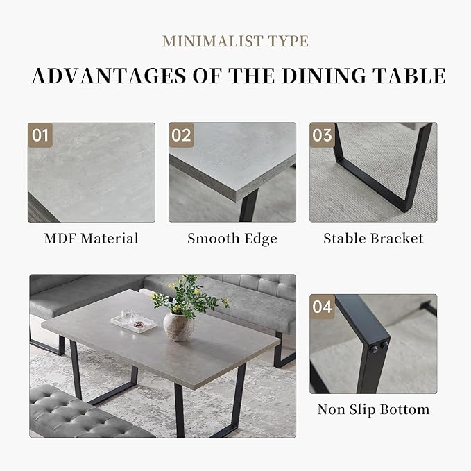 3 Piece Dining Table Set with Bench, 42.9 Inch Modern Kitchen Table with Left Seat Corner and 43.3 Inch Bench for Family Dining Room Furniture