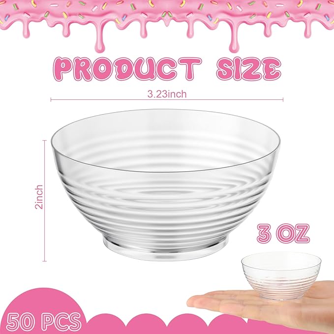 50 Pcs 3 oz Mini Clear Plastic Bowls, Disposable Plastic Dipping Spices Sauce Bowls for Fruit, Dips, Appetizers, Snacks, Weddings, Catering, Home or Event Party Supplies