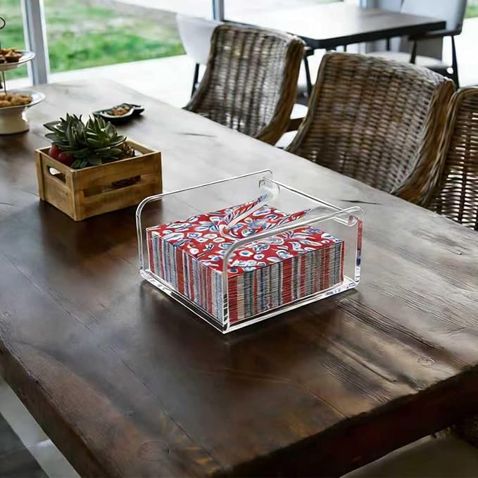 Clear Acrylic Gravity-Fed Napkin Holder with Weighted Arm, 6.5x6.5 Inch - Keeps Napkins in Place, Stable for Outdoor Dining Table & Patio