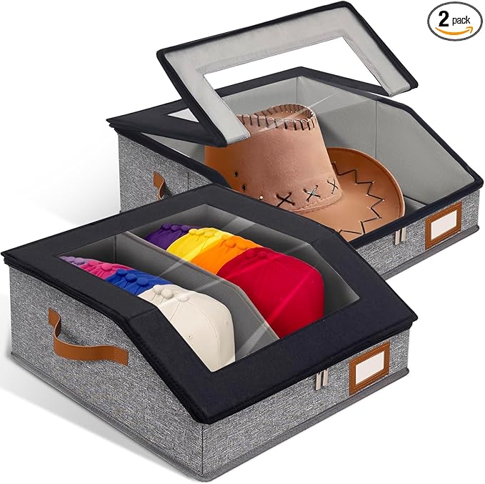2-in-1 Hat Organizer for Baseball Caps Holds 48-60 Hats Holder for Closet with Clear lid Stackable Hat Storage with Adjustable Space Cowboy Hat Box for Men Women 2 PCS Black and Grey