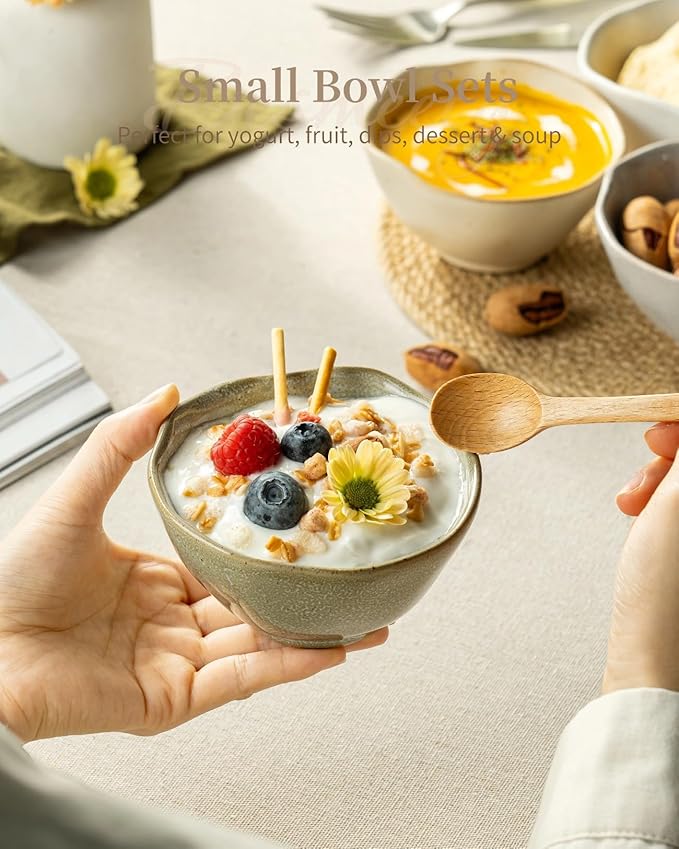 Besmeety 8oz Ceramic Small Bowls Set of 4, Cereal Bowls for Dessert, Fruits, Yogurt, Dipping, Side Dishes, Farmhouse Vintage Color Dinnerware for Kitchen