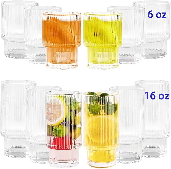 Ribbed Glasses Drinking Glassware - Set of 12 Vintage Cute Cocktail Cups - 6 Pcs Ripple Rluted Aesthetic Drinkware 16 oz & 6 Pcs House Essentials Glass 6 oz for Drink Coffee Beer