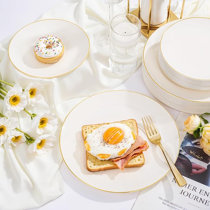 Nervure 100Pcs Ivory and Gold Plastic Plates - 10.25inch Disposable Ivory Dinner Plates - Heavy Duty Plastic Plate Ideal for Wedding & Party