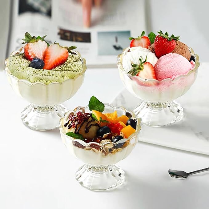 Iced Cream Dessert Bowl，Set of 6，6oz Vintage Glass ware with Heavy Base, Drinking Cup for Sundae, Fruit, Ice Cream, Snack, Condiment (6)