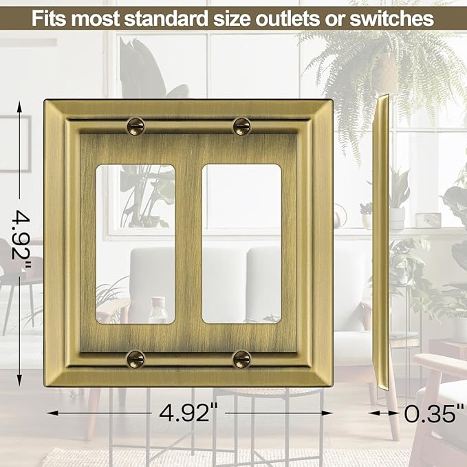 Metal Wall Plate for Electrical Outlets, Decorative Antique Brass Switch Plates Outlet Cover, Light Switch Cover Plate, 2-Gang Wall Plates (Double Decorator, 2 Pack)
