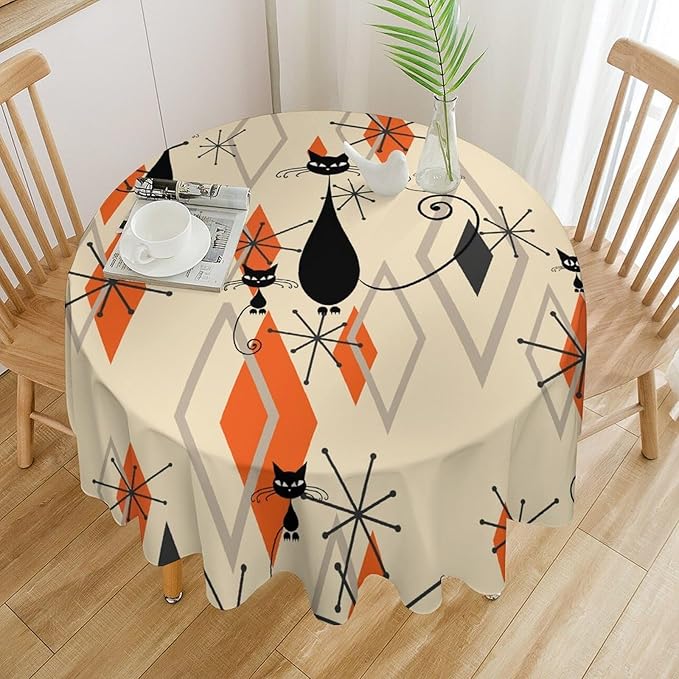 Retro Boho Modern Black Cat Round Tablecloth, Mid Century Boho Moon Abstract Geometric Leaf 50s 60s Style Tablecloth for Home Party Dining Room Kitchen Decor 50Inch(127cm)