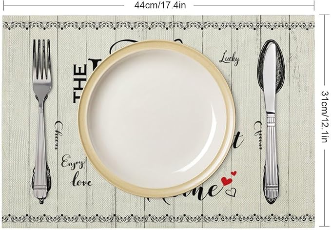 Retro Farmhouse Placemat Set, Minimal Black White Rustic Plank Art Sketch Cutlery Knife Fork Inspirational Quotes Pattern Home Decor Linen Table Mats for Dining Room Kitchen Party (17x12in) x6P