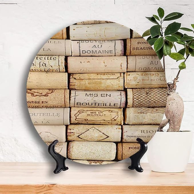 Decorative Plates, Winery Print Ornament, Different Wine Corks Arranged in Line Collections, 7 Inch, Kitchen Wall Decor, Ivory Pale Brown