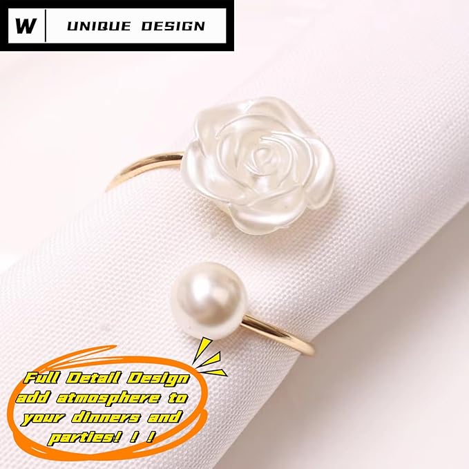 Decorative Napkin Rings Set of 6,Holders Decor Dinner Party,Wedding,Anniversary,Birthday,Table Decor Gift (White Pearl)